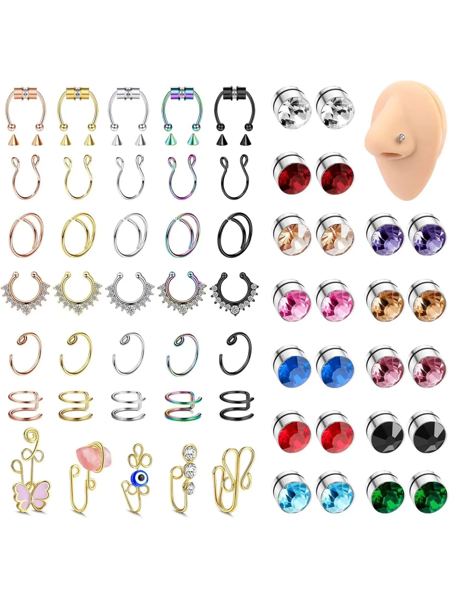 Trendy 59 Pcs Colorful Magnetic Nose Rings Copper Stainless Steel Fake Nose Rings for Women Men Stylish Fake Septum Nose Stud Rings Non-Piercing Clip on Nose Cuffs Fake Nose Hoop Rings Nose Rings Set Nose Ring Jewelry