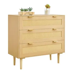 VEVOR 3 Drawer Rattan Dresser, Modern Closet Dresser for Bedroom, Natural Rattan Chest of Drawers with Metal Handles Wooden Legs, Chest Clothing Organizer Storage for Bedroom, Living Room, Hallway