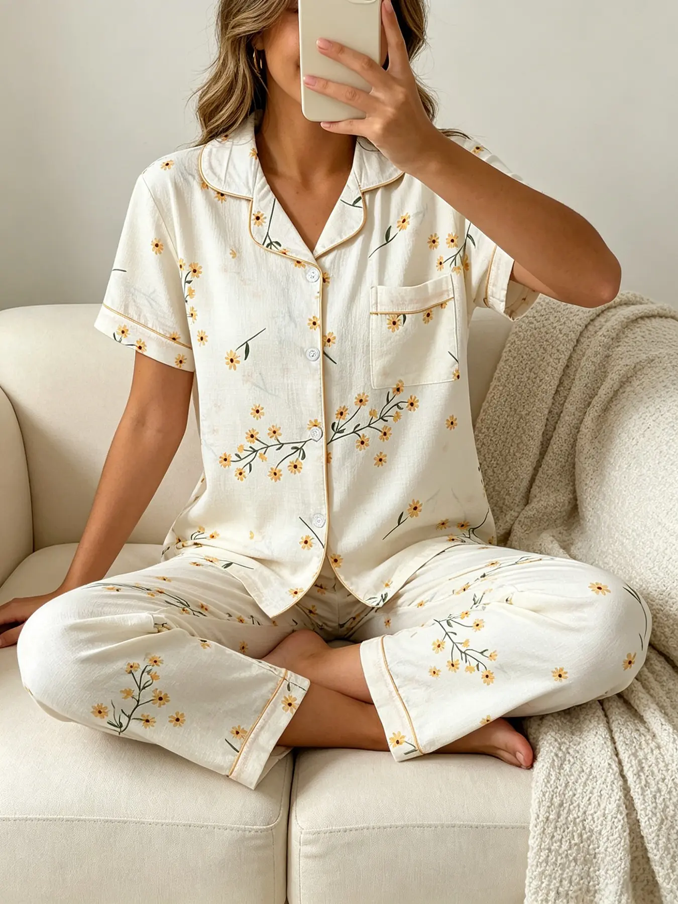Women's Short Sleeve Button Down Top and Pants Pajama Set, All Season Wear, For French Elegance, Cream Base French Daisy Print, Floral Sleepwear, Classic Lapel Collar, Loose Fit, Comfortable For Tea & Gatherings