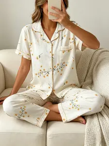 Women's Short Sleeve Button Down Top and Pants Pajama Set, All Season Wear, For French Elegance, Cream Base French Daisy Print, Classic Lapel Collar, Loose Fit, Comfortable For Tea & Gatherings, Floral