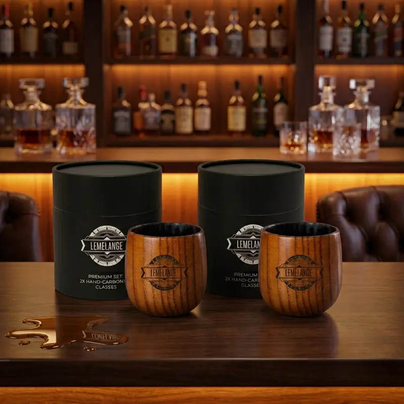 Lemelange Insulated Wooden Whiskey & Bourbon Tumbler Set - Charred or Uncharred Round-Shape Old Fashioned Drinkware, Flavor-Mellowing Kitchenware, Ideal Gift for Dads (Father's Day Occasion)