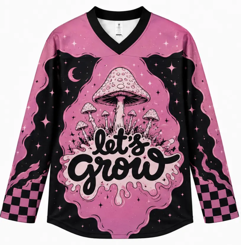 Psychedelic Mushroom Hockey Jersey – Pink Cosmic Rave Streetwear, EDM Festival Basshead Apparel