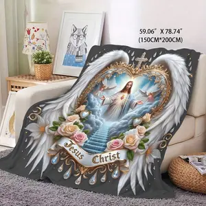 Jesus Flannel Throw Blanket Soft Warm Cozy Spiritual Design for Couch Bed Office Travel All-Season Gift 280GSM Polyester Flannel