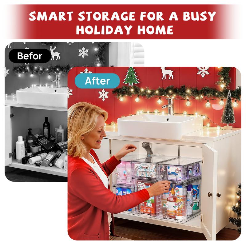 【New Year Hauls】VTOPMART 6 Pack Stackable Clear Drawer Organizer for Organizering Nursing Bottles,Candy,Snacks,Makeup,Cosmetics,Tampons,Medicines,Pantry,Under Sink,Closet,Bathroom, with Free Stickers
