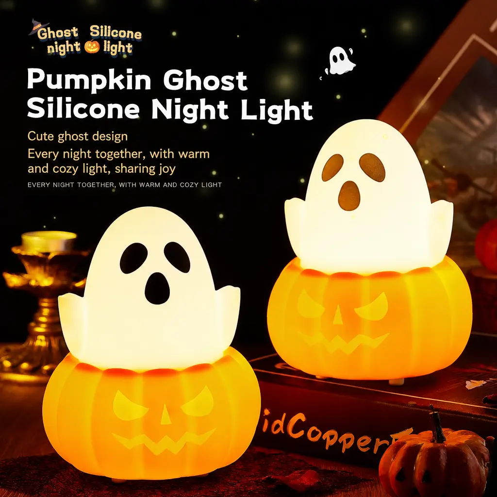 Cute Pumpkin Ghost Silicone Night Light Tap Control Color Changing Bedside Lamp with Remote, USB Rechargeable LED Squishy Room Decor, Halloween Holiday Gift for Kids Friends