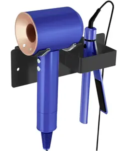 Hair Dryer Holder Wall Mounted, Hair Tool Organizer Wall Mount for Bathroom, Stainless Steel Hair Dryer Holder, Blow Dryer Holder Adhesive/Drilling Hair Dryer and Straightener Holder Black UEMUSI