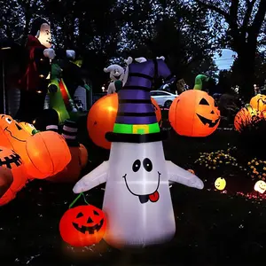 5FT Halloween Inflatable Yard Decor, White Ghost with Pumpkin, Outdoor Blow Up with Built-in LED Light for Lawn, Garden, Party
