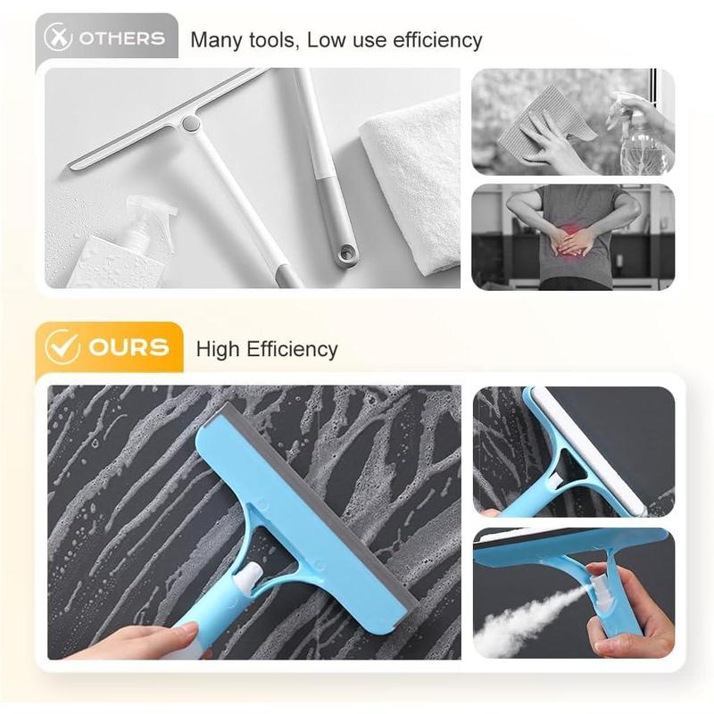 3 in 1 Window Cleaning Scraper, 2025 New Squeegee for Shower Glass, 3 in 1 Spray Function for Glass Doors for Windows Glass, Mirrors Scraper, Brush. All-Purpose Window Cleaner Tool (Blue)