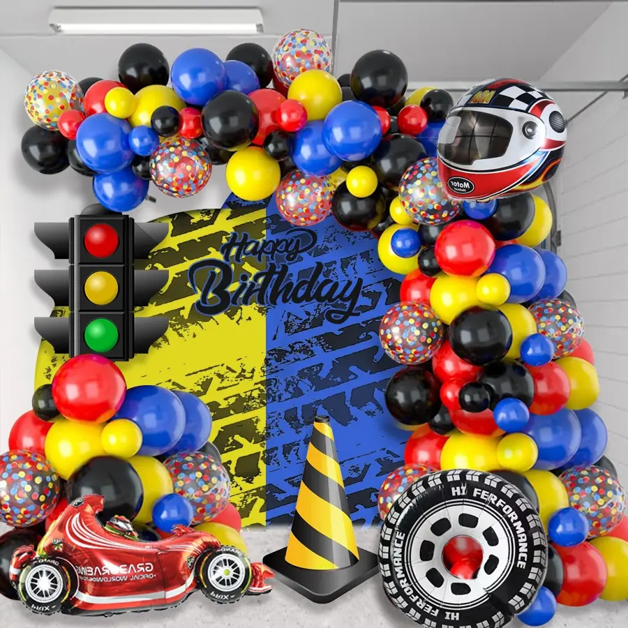 110pcs racing themed balloon party decoration set, Balloon decorations, party supplies, garland, yellow, red latex balloons paired with tires, helmets, racing aluminum foil balloons, for boys' racing themed birthdays