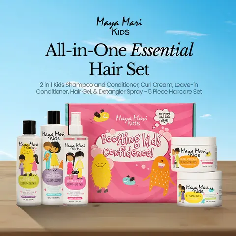 Maya Mari Kids 5-Piece 2-in-1 Sulfate-Free Anti Frizz Shampoo & Conditioner Haircare Kit - Fragrance-Infused Liquid Cleanser, Curl Cream, Leave-In Conditioner, Hair Gel, Detangler Spray with Coconut, Shea, Castor Oils Moisturizer Gift Set