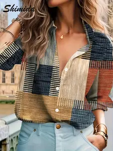 Women's Vintage Geometric Print Casual Shirt Blouse, Single Button Front, Long Sleeve, Collared, Fitted, Full Digital Print, All Seasons, Casual Blouses