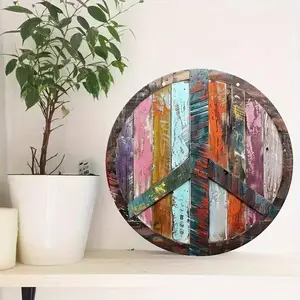 Vintage Peace Sign Decorative Wall Panel, Round Wooden Hippie Floral Theme, UV Resistant, Scratch Proof, Vertical Hanging, No Power Needed
