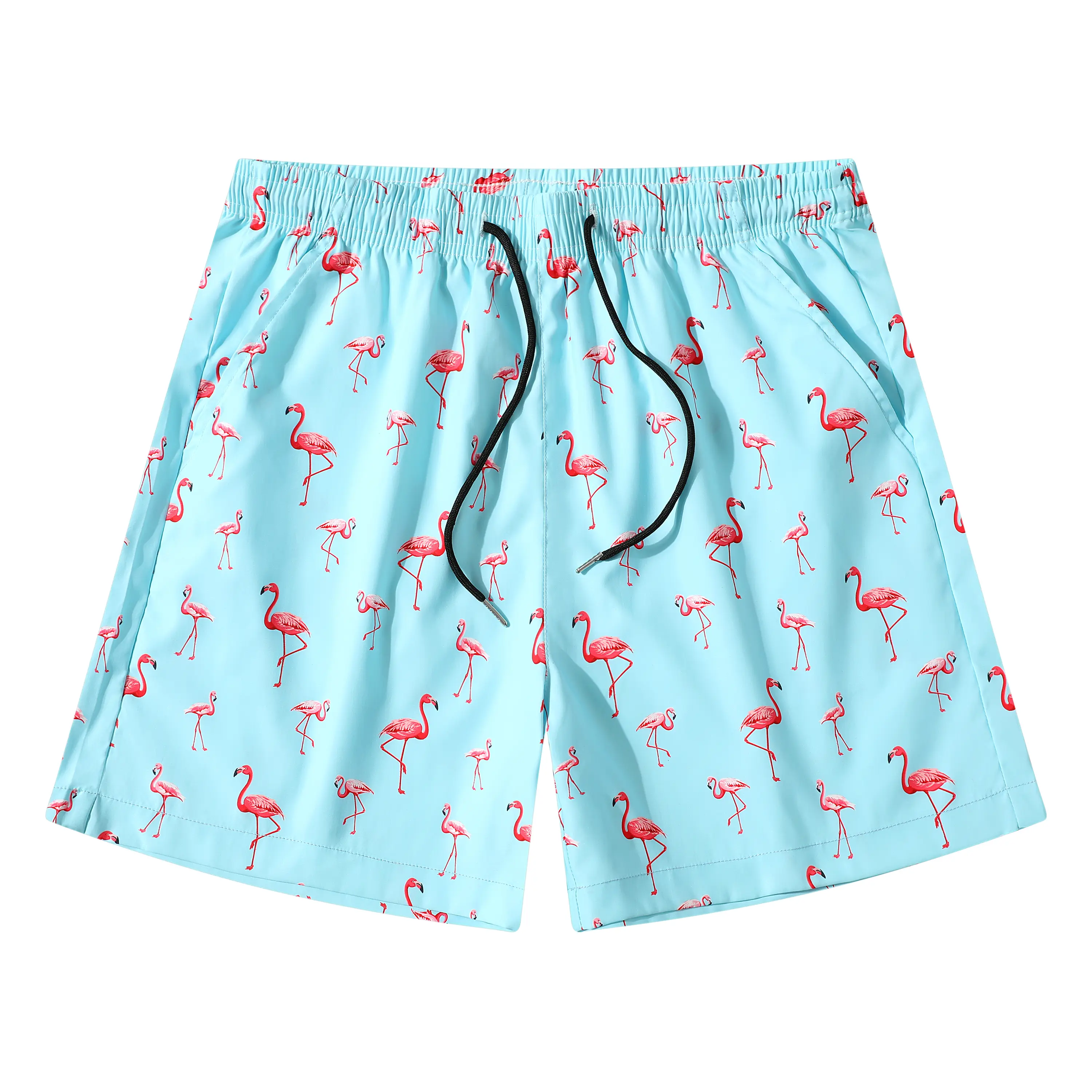 Men's Quick-Dry Flamingo Print Casual Shorts with Elastic Waist, Lightweight Comfortable Fabric for Beach Days, Daily Casual Shorts, Men's Shorts