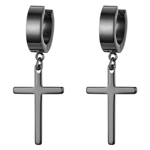 OIDEA Smooth Cross Huggie Earrings with Polished Cross Pendant, Stainless Steel Jewelry for Unisex, Hip Hop Streetwear