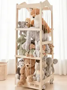 KUQAZ Stuffed Animal Storage - 3 in 1 Wooden Stuffed Animal Organizer with Wheels, Extra Large Stuffy Storage Animal Zoo, Plushies Storage Tower Cage for Kids Toddler Room Decor (16L''x17W''x48H")