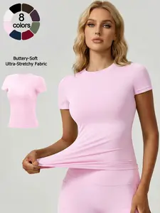 Women's Loungewear Short Sleeve T-Shirt Solid Color Casual Versatile Soft Comfortable Crew Neck Waist Cinching High Stretch Ideal for Daily Outings Lounging Sleep All Season Women's Pajama Top