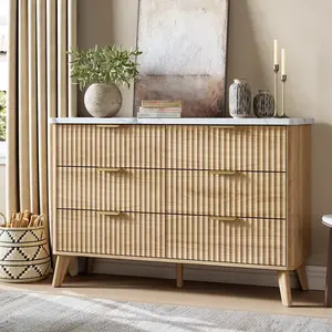 6 Drawers Dresser for Bedroom, 47.2" Wide Dressers with Curved Profile Design, Fluted Wood Drawers with Gold Handle, for Living Room, Natural