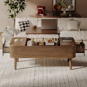 Oxirth 47.2" Lift Top Fluted Coffee Table with Storage, Mid Century Modern Wooden Coffee Table with Hidden Compartment & 2 Drawers, Robotic Vacuum Friendly Lift Table for Living Room (Walnut)