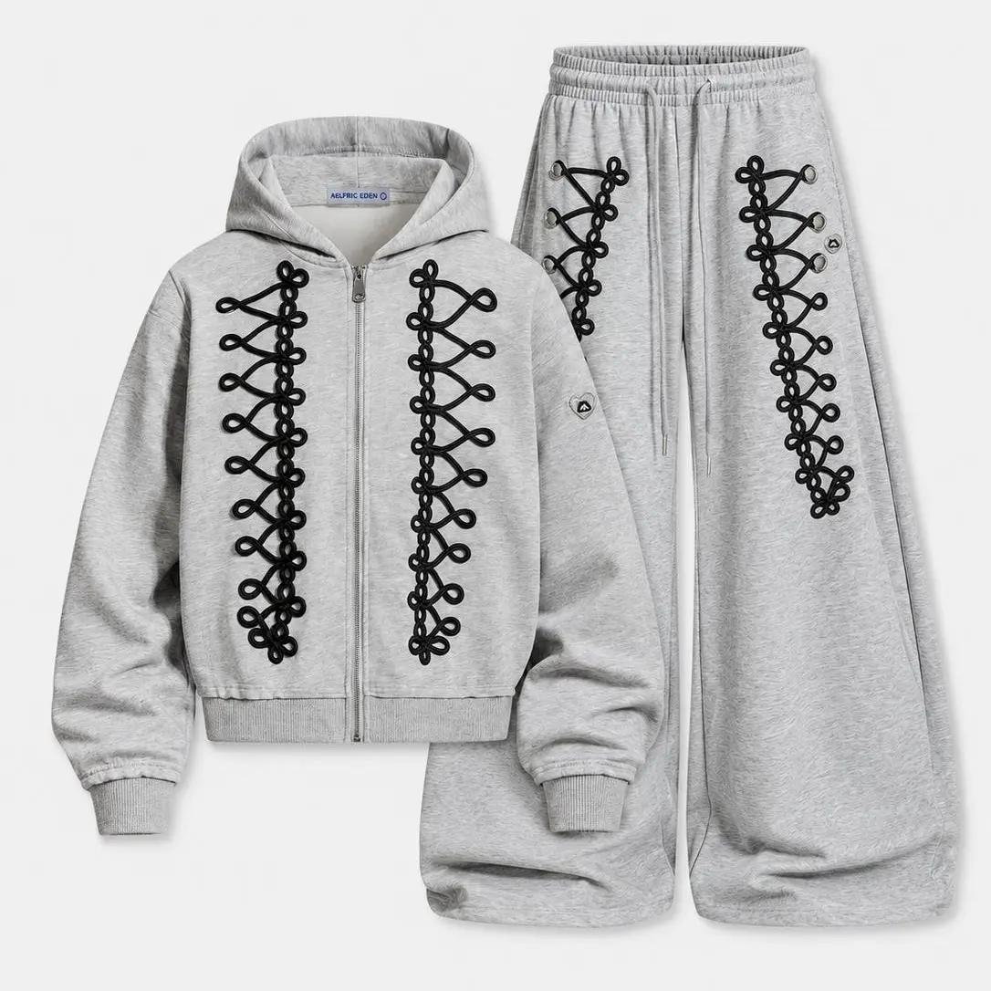 Aelfric Eden Lace-Up Embroidery Cropped Zip Up Hoodie & Baggy Barrel Sweatpants Set Handcrafted Chinese Knot Decoration Unisex New Chinese Streetwear Set