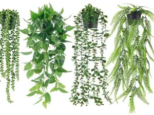 4Pcs Fake Plants Hanging Artificial Ivy Vine Faux Eucalyptus Hanging Plants, Boston Fern, String of Pearls for Home Boho Wall Shelf Indoor Outdoor Decor