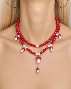 Red Mushroom Beaded Necklace