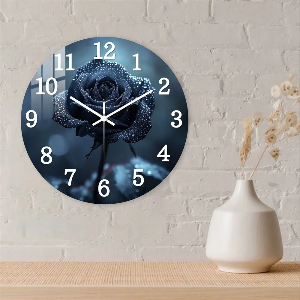 Floral Theme Wall Clock, Deep Blue Rose Design with Dew Drops, Ideal for Living Room, Bedroom, Floral Decor, Battery Operated, Perfect Gift
