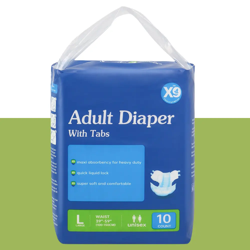 X9 Adult Disposable Diapers, Superabsorbent Soft Cellulose Briefs with Leakproof Fit, Unscented, for Men and Women, Large Size, 10 Count, Fitted, Cooling, High Absorbency Adult Diapers, Adjust Waistband, Breathable, One-Shot