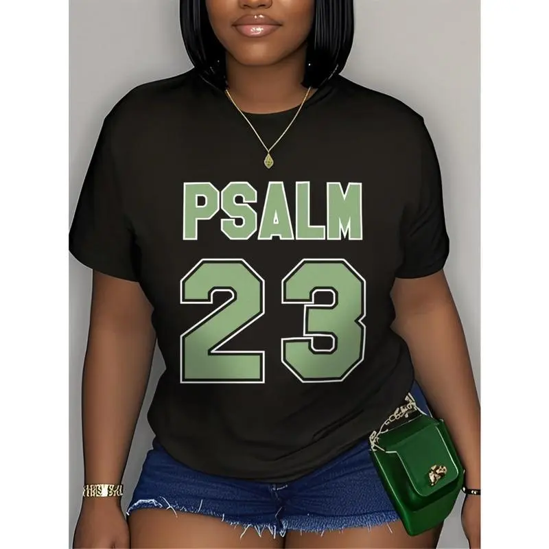 Women's Premium Psalm 23 Jersey T-Shirt - Casual Short Sleeve Round Neck Garment, Bold Green Lettering, Soft Breathable Fabric, Loose Fit Top, Ideal for Holiday Parties, Gifting, Shortsleeve