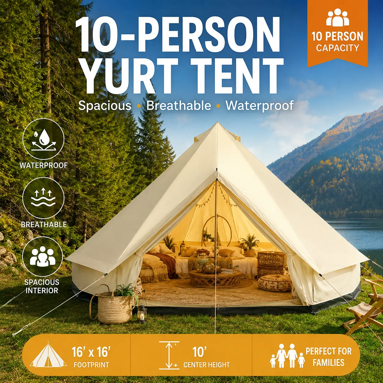Outsunny 10 Person Yurt Tent Glamping Bell Tent Spacious Canvas Like Large Teepee Cabin Waterproof Outdoor Camping Tents Windproof Huge Canopy Luxury Shelter Family Vacation Travel Gear 16x16x10 Ft