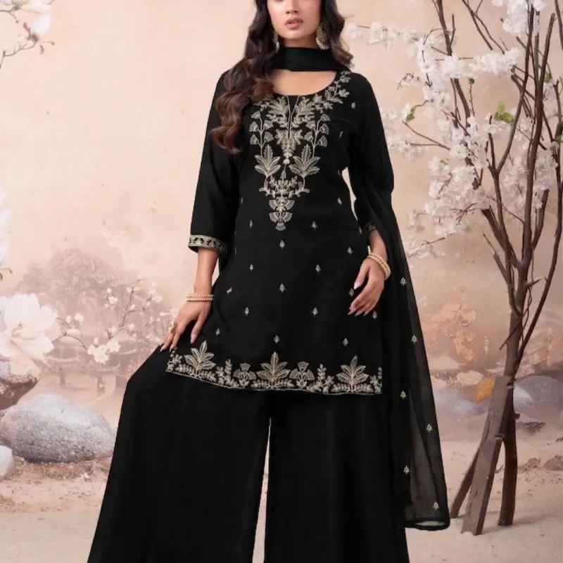 Traditional Dress, Heavy Vichitra Silk with Blooming Embroidery Work