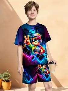 Boys' Summer Short Sleeve Shorts Set, Cyber Roblox Print Baby Homewear, Casual Fitted Tee & Asymmetrical Design, Natural Waist Shorts