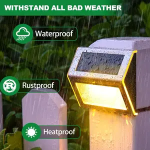 (4 Pack - Warm Light) Outdoor Fence Lights, Solar Powered Deck Lights Waterproof Stairs Light Stainless Steel Security Wall Lamps for Step Walkway Patio Garden Pathway