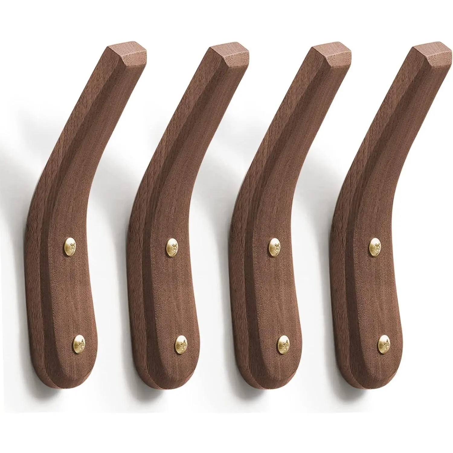 4-Pack Durable Freshly Sanded Natural Walnut Wood Wall-Mount Organiser Hooks, Minimalist Mid-Century Modern Rustic Boho Home Decor, Easy-Install Accessories for Hanging Hats, Bags, Coats (Foyer Entryway Use)