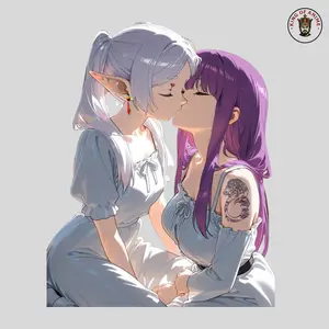 Fern Frieren Kiss Sticker, Vinyl Sticker, Elf and Tattooed Waifu, Romantic Yuri Aesthetic, Laptop Decor