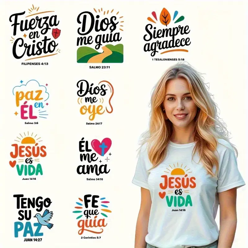 9 Spanish Bible Verse Iron-On Stickers - Christian Faith Bible Verses with Pinyin Pronunciation, Heat Resistant Vinyl Stickers for T-Shirts, Hoodies, Fabric Crafts, Faith Theme Design, Vibrant Patterns, Easy to Apply.