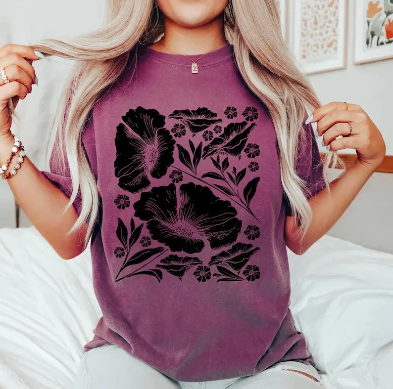 Comfort Colors Vintage Linocut Flower Shirt, Graphic Tee, Cottagecore Boho Botanical Shirt, Daisy Flower Shirt Botanical Tee, Shirt for Women