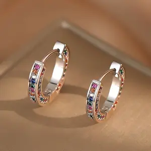 Silver-Tone Rainbow Cubic Zirconia Huggie Hoop Earrings, High-Quality Sparkling Multicolor Inlay Earrings, Elegant Fashion Jewelry Gift for Women, Ideal for Weddings & Daily Wear