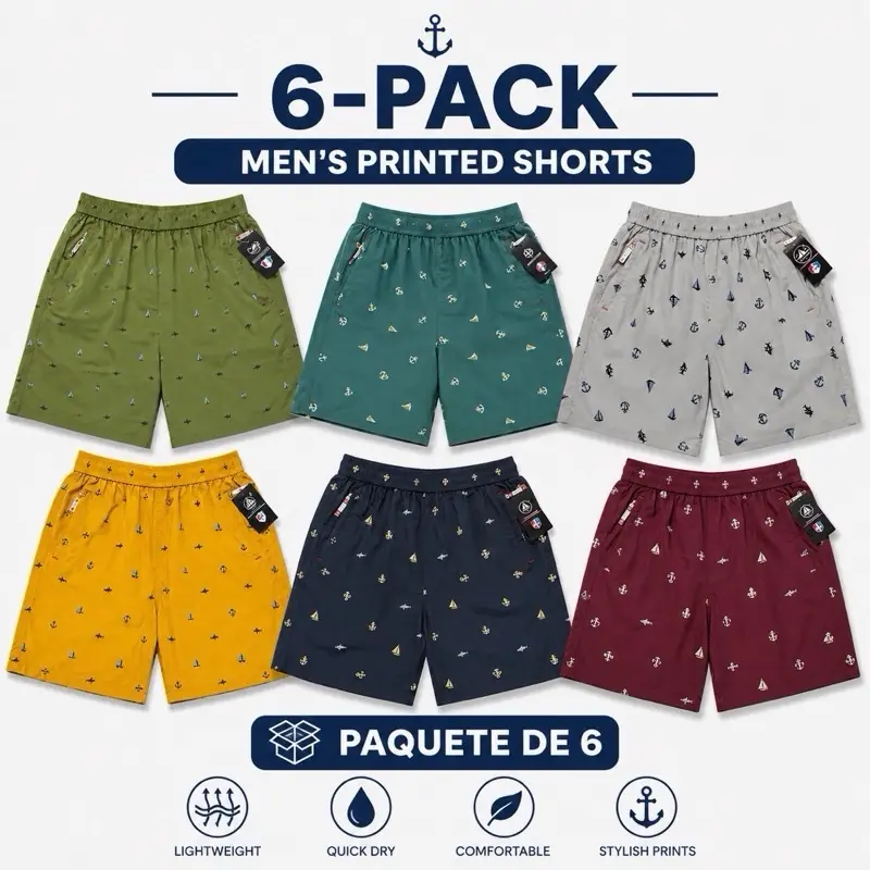 Men's Casual Menswear 6-Pack Printed Shorts - Assorted Colors - 1 Size (Fits Like Medium) Fashion