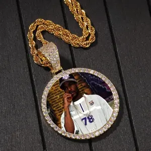 Personalized Small-Big Size Custom Memory Round Colorful Photo Pendant Necklace CZ Neck Chain Jewelry,Edgy Rotating Band Gift for Men & Women