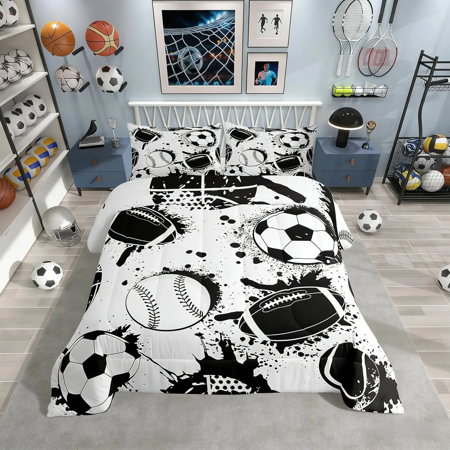 Ball Sports Comforter,Basketball Baseball Game Comforter Set,Hip Hop Graffiti Artwork Bedding Set for All Seasons,Black and White Football Down Duvet