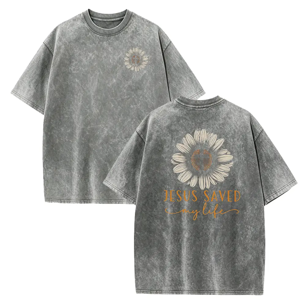 Women's Solid "Jesus Saved My Life" Sunflower Graphic Tshirt - Casual Round Neck Short-Sleeve Top, Custom Made Foldable Seamless Cotton Tee, All Seasons Comfortable Casual Attire