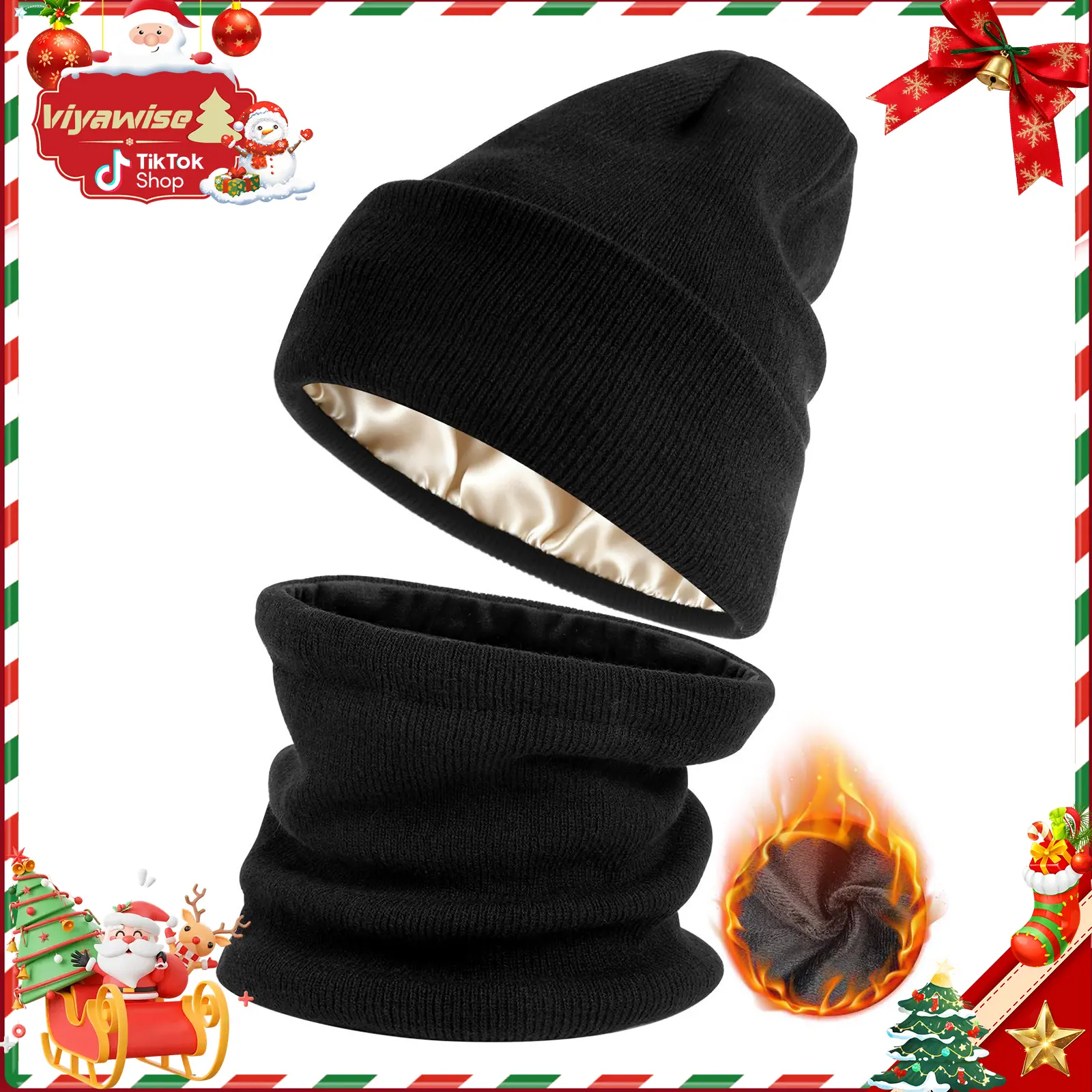 [Buy 1 Hat Get 1 Free Neck Gaiter] Viyawise Satin Lining Solid Color Beanie Hat for Men & Women - Ultra Soft, Stretchy Ribbed Knit, Foldable Design for Daily Use & Outdoor Activities Ear Cover Warm