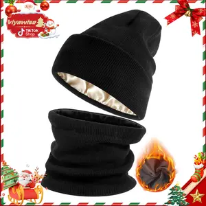 [Buy 1 Hat Get 1 Free Neck Gaiter] Viyawise Satin Lining Solid Color Beanie Hat for Men & Women - Ultra Soft, Stretchy Ribbed Knit, Foldable Design for Daily Use & Outdoor Activities Ear Cover Warm