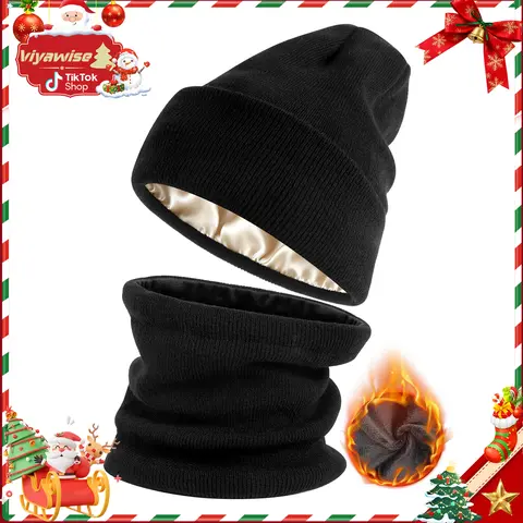 [Buy 1 Hat Get 1 Free Neck Gaiter] Viyawise Unisex Acrylic Beanie - Static-Free Satin Lining, Ultra Soft, Stretchy Ribbed Knit, Foldable, Ear Cover, Practical, Unisex 4 Colors, One-Size-Fits-Most, Warm Men's Accessory for Daily & Outdoor Use, Ideal Gift