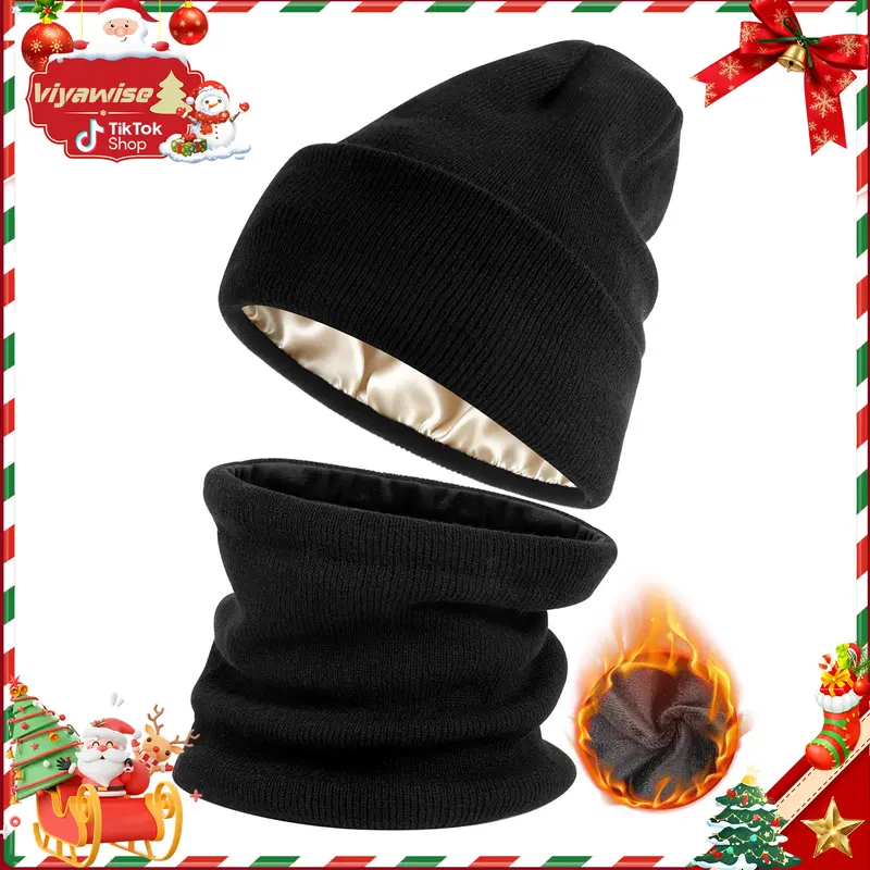 [Buy 1 Hat Get 1 Free Neck Gaiter] Viyawise Unisex Acrylic Beanie - Static-Free Satin Lining, Ultra Soft, Stretchy Ribbed Knit, Foldable, Ear Cover, Practical, Unisex 4 Colors, One-Size-Fits-Most, Warm Men's Accessory for Daily & Outdoor Use, Ideal Gift