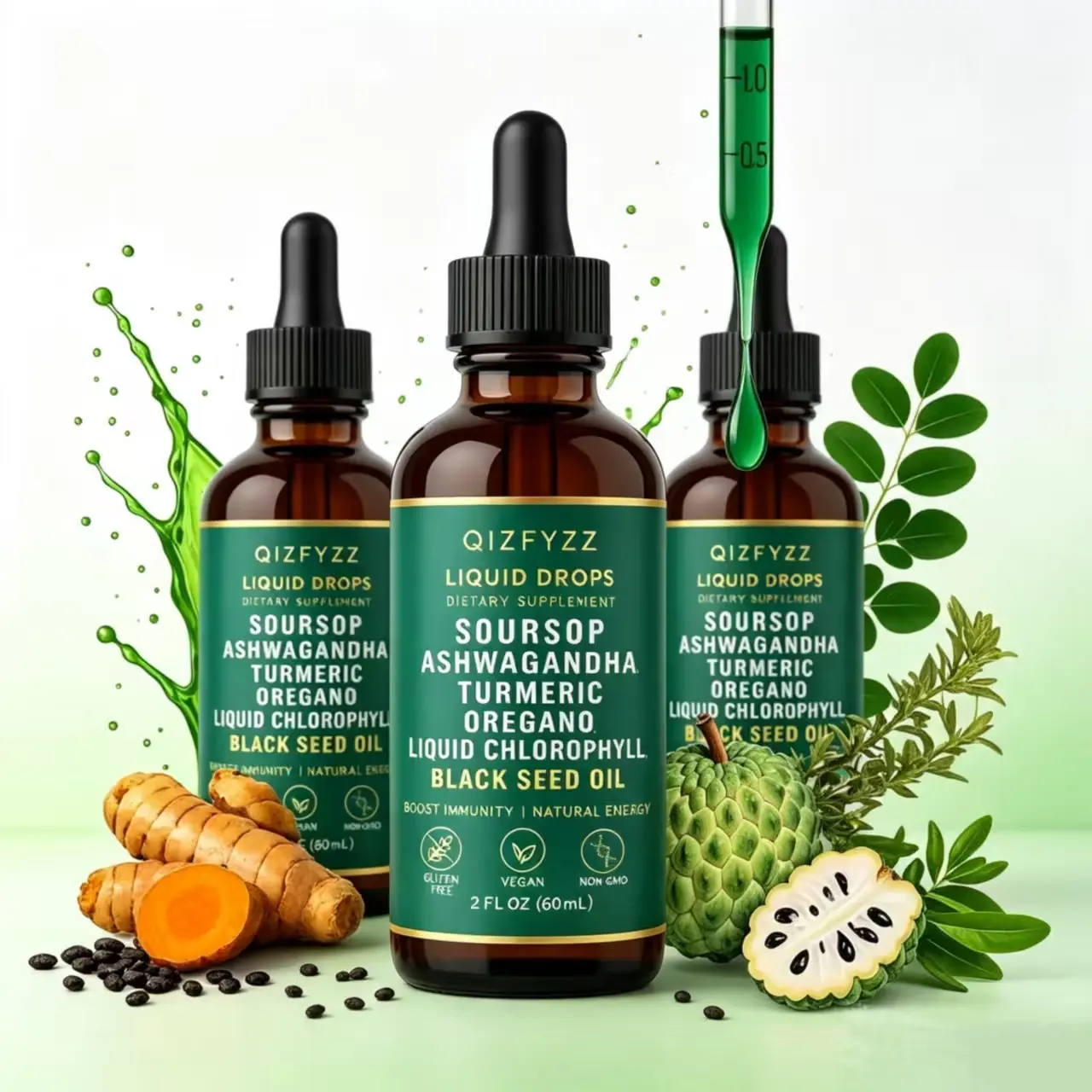 Qizfyzz Edible 10-in-1 Soursop Bitters Liquid Drops - Bitter Flavor Natural Supplements with Botanical Extracts, Ashwagandha, Nori, Moringa, Turmeric, Black Seed Oil, Oregano, 2 fl oz Allergy Immunity Vegan Non-GMO Multi-Nutrient Superfood, Herbs, Liquids