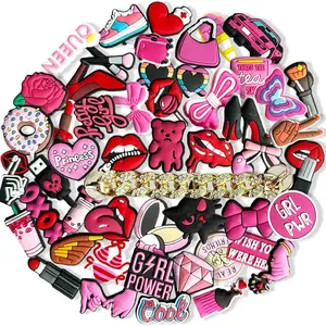 Set of 50 Exquisite Pink Shoe Accessories, Sparkling Metal Chains & Lovely Clog Pins, Decorative Sandal Ornaments Box for Girls, Favors