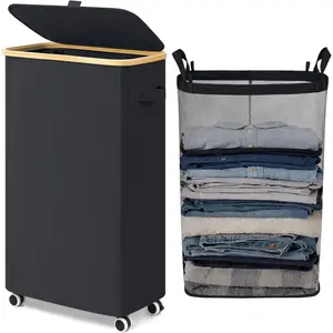 Slim Laundry Basket with Wheels and Lid, 75L Rolling Laundry Hamper for Dorm Home Decor, Large Clothes Hamper with Bamboo Frame Removable Bag, Black, 17" x 9.8" x 29.5"