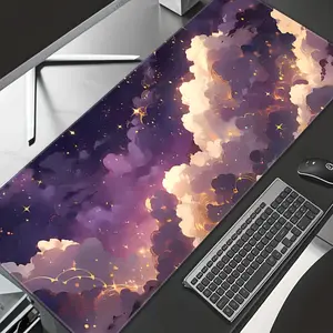 Starry Sky Purple Mouse Pad Clouds Golden Shining Dreamy Romantic Aesthetic Gaming Mouse Pads Large Non-Slip Rubber Base Stitched Edges Keyboard Pad Desk Decor for Office Home Ideal Gifts for Friends