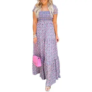 Mntaor Womens  Dresses Purple Floral Short Bubble Sleeve Shirred High Waist Maxi Dress